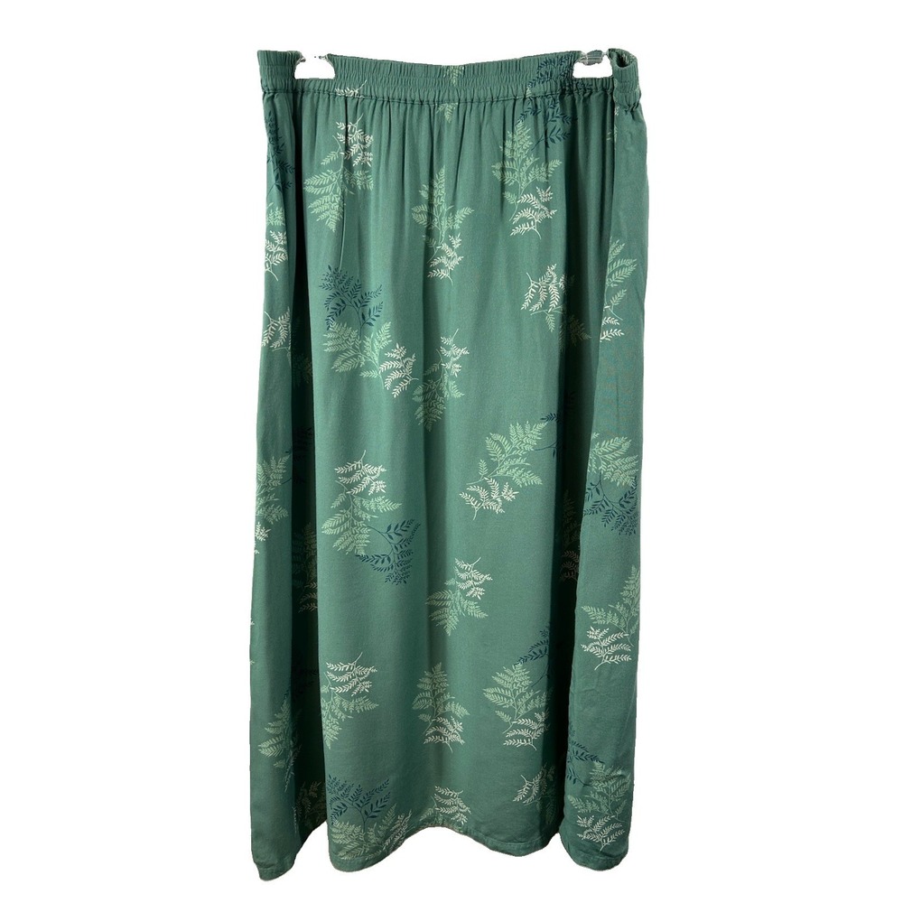 Two Twenty Vintage Rayon Fern Skirt XL Green Botanical Elastic Waist Boho Maxi
